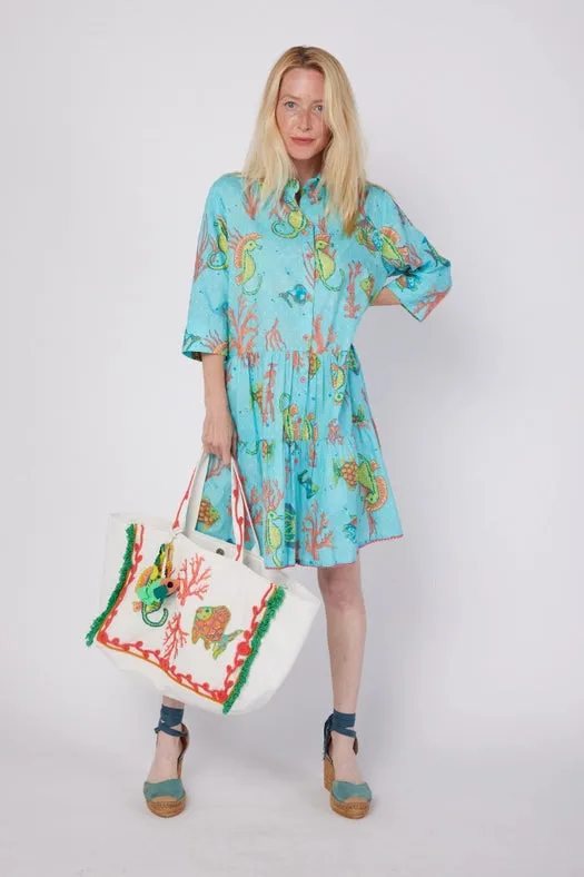 Alcee Resort Wear Summer Shirt Dress Blue Seahorse