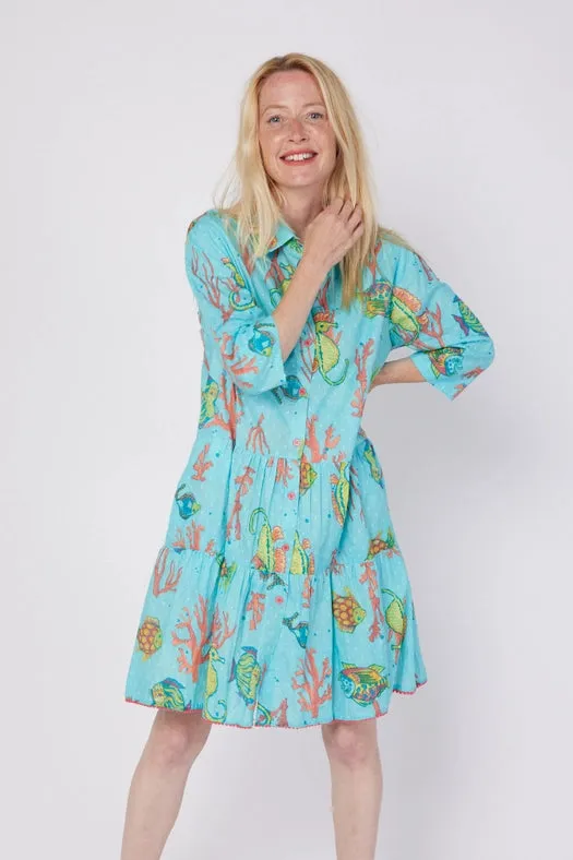 Alcee Resort Wear Summer Shirt Dress Blue Seahorse