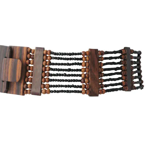 Beaded Stretchable Waist Belt- Black with Wood Dividers and Wood Buckle