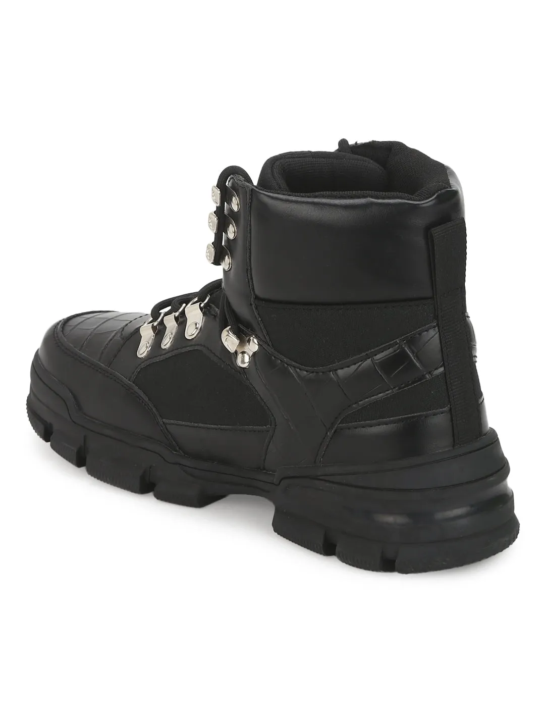 Black PU Cleated Bottom Eyelets Lace-Up Men Boots