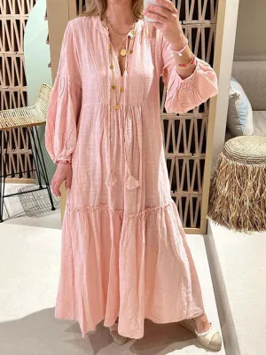 Bohemian Chic V-Neck Puff Sleeve Summer Dress for Effortless Elegance