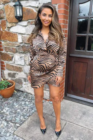 Camel Zebra Print Ruched Side Shirt Dress