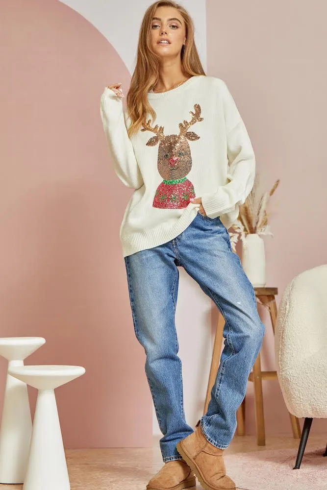 Christmas Rudolph Sequin Sweater - Ivory