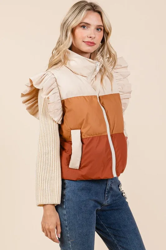 Color Block Ruffle Trim Puffer Vest