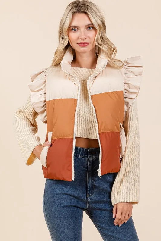 Color Block Ruffle Trim Puffer Vest