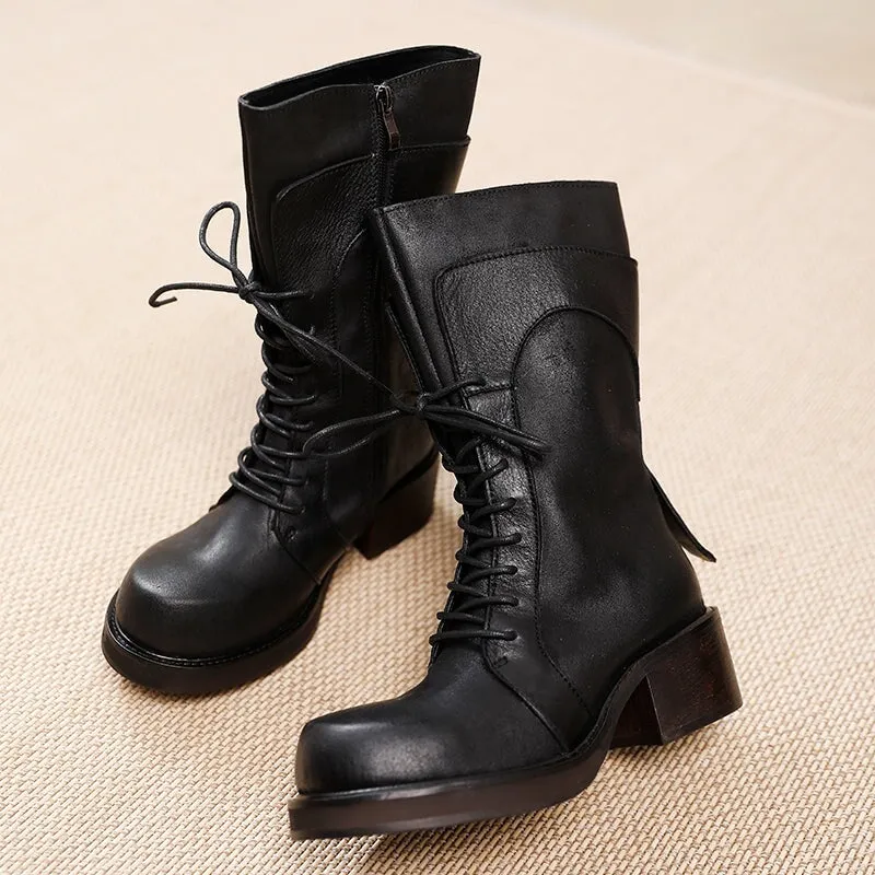 Comfortable Leather Combat Boots Round Toe Martin Boots Lace up in Coffee/Black