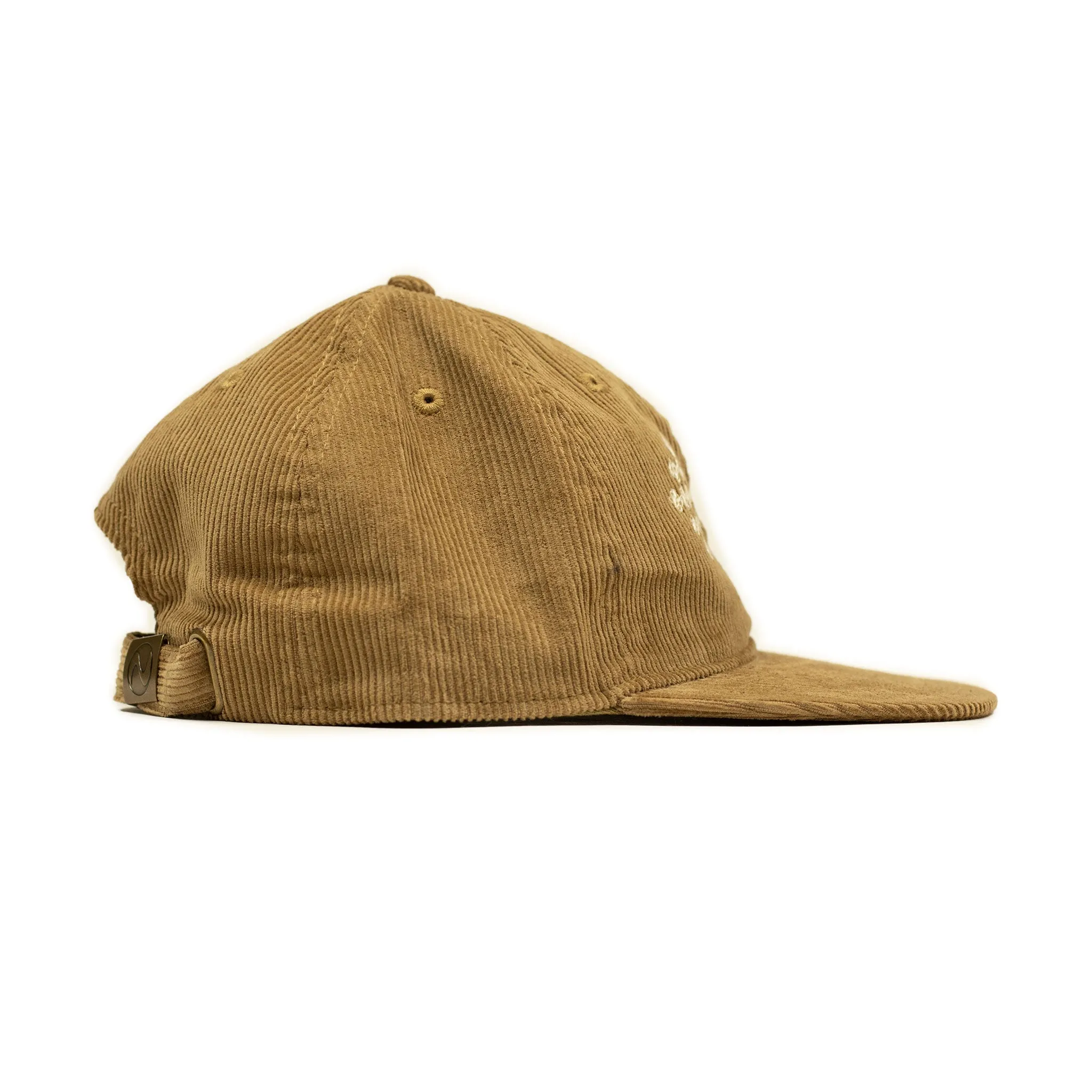 Corduroy cap in caramel with racing flag chainstitched embroidery