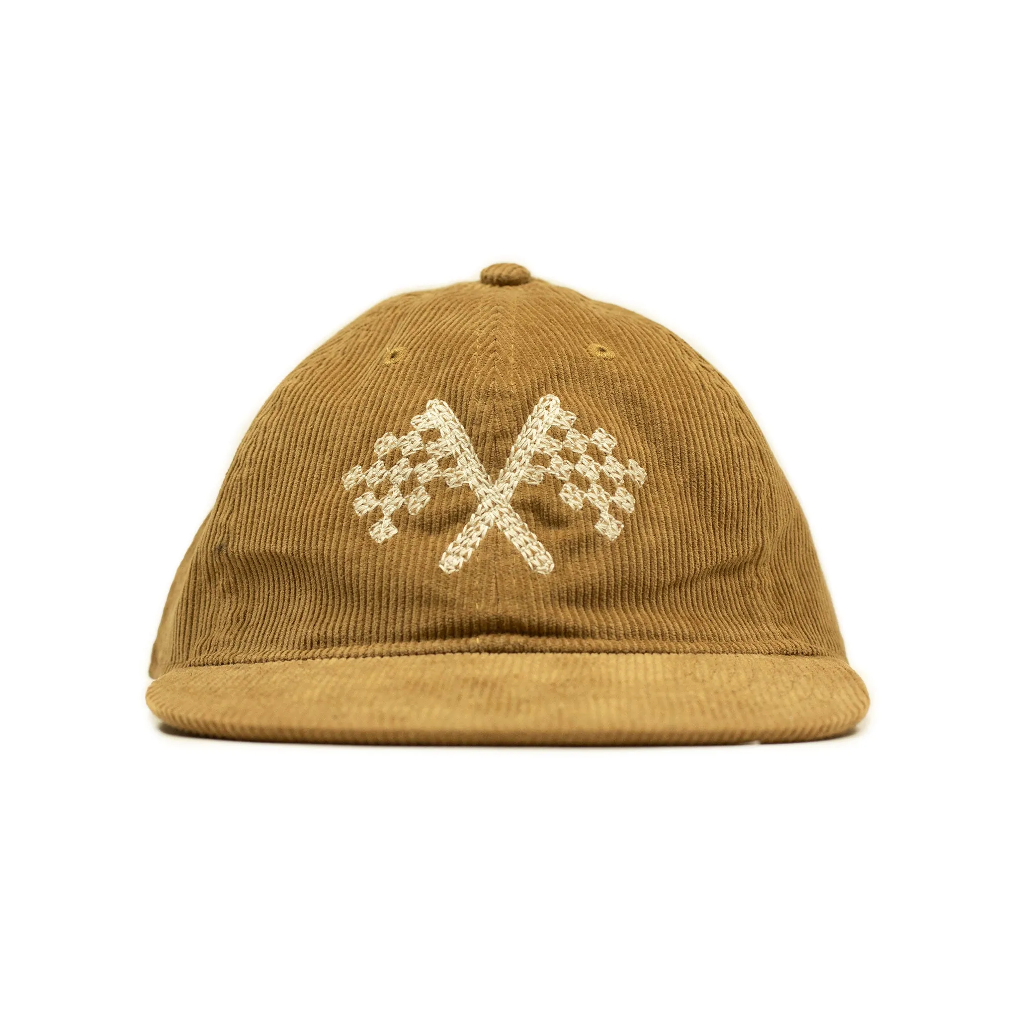 Corduroy cap in caramel with racing flag chainstitched embroidery