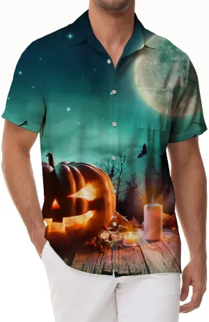 Digital Printing Pumpkin Skull Halloween Shirt Men 3D Button Short Sleeve Shirt