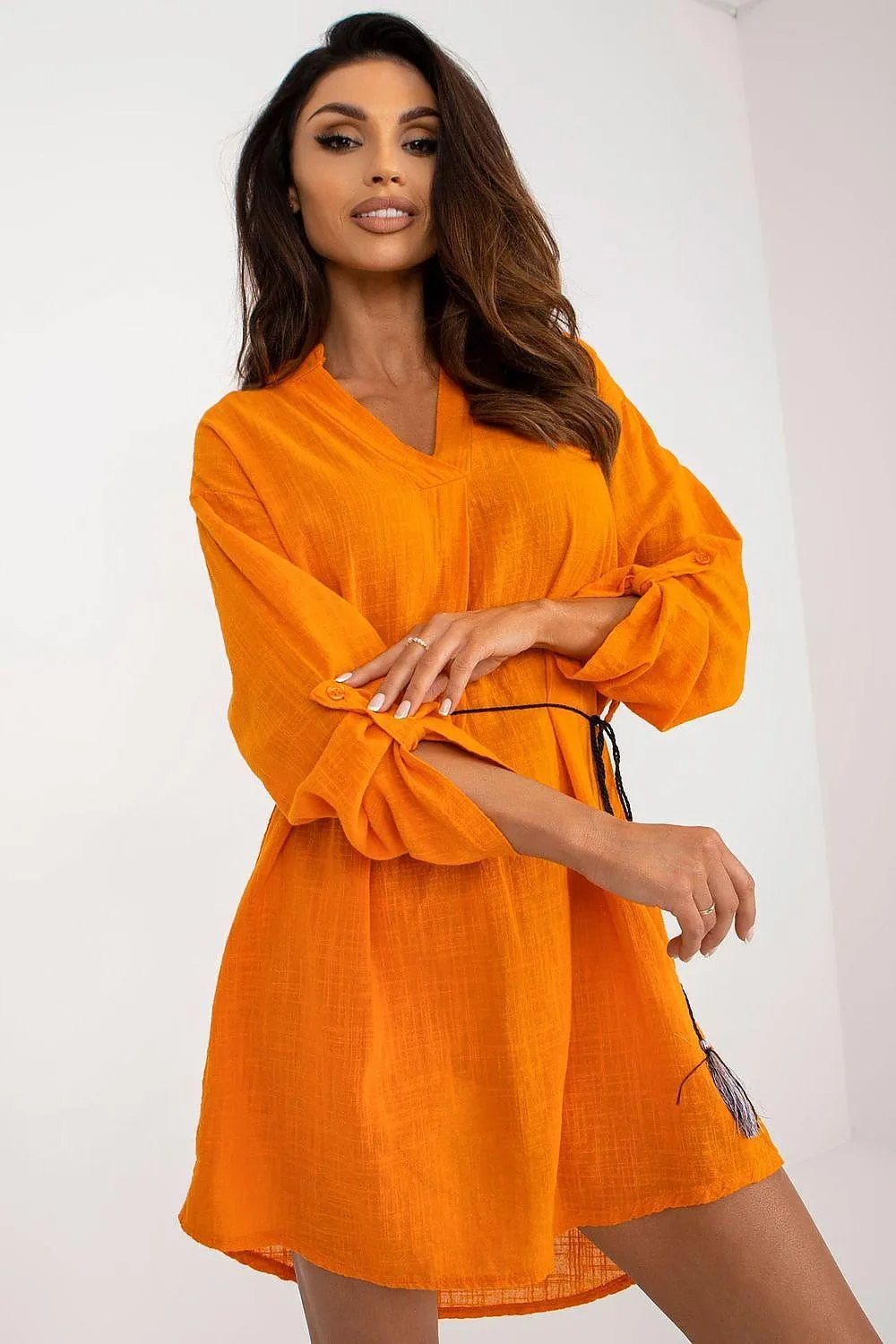 Effortless Elegance Cotton Dress with Customizable Sleeves and Drawstring Waist