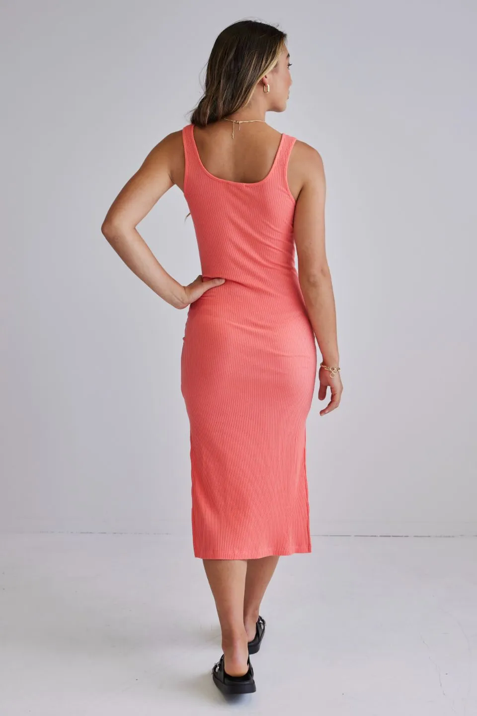 Effortless Watermelon Square Neck Rib Tank Midi Dress