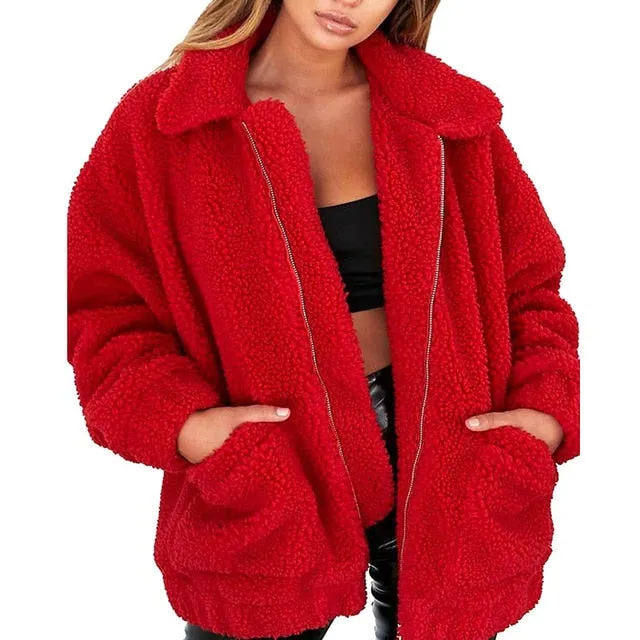 Elegant Faux Fur Coat Women Autumn Winter Warm Soft Zipper Jacket Female Plush Overcoat Casual Outerwear