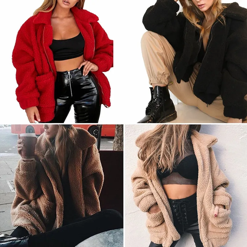 Elegant Faux Fur Coat Women Autumn Winter Warm Soft Zipper Jacket Female Plush Overcoat Casual Outerwear