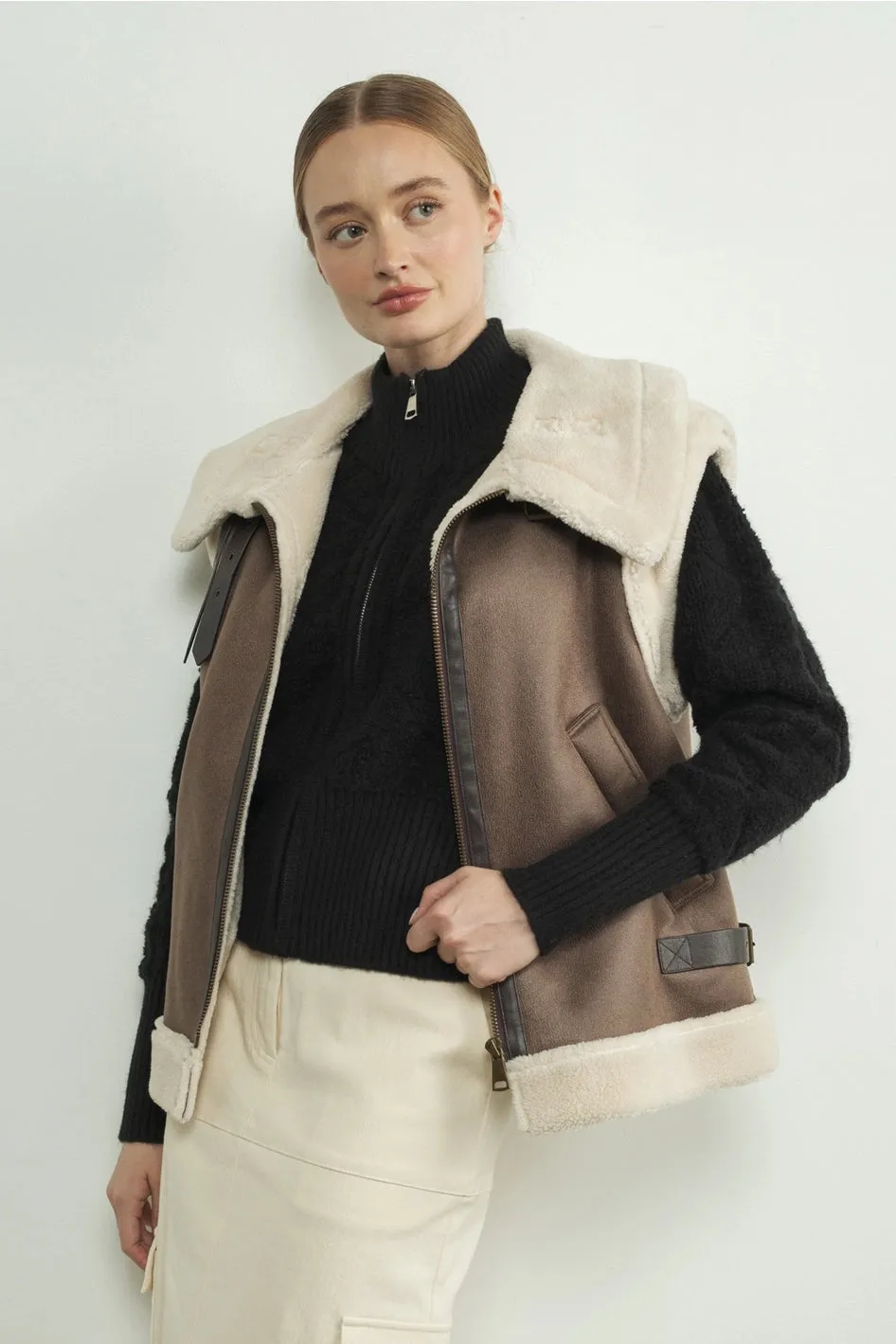 Faux Leather Fleece Collar Vest