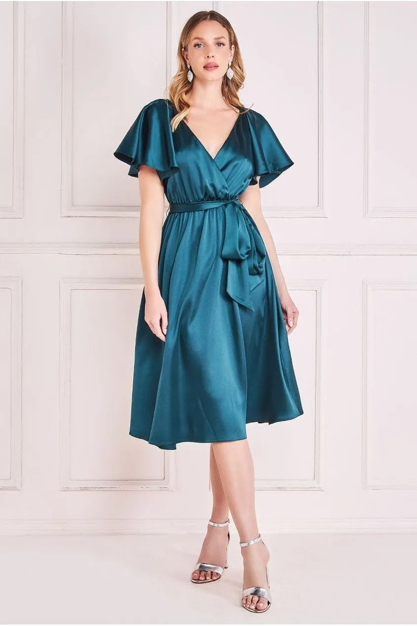 Flutter Sleeve With Elastic Midi Dress - Emerald Green by Goddiva