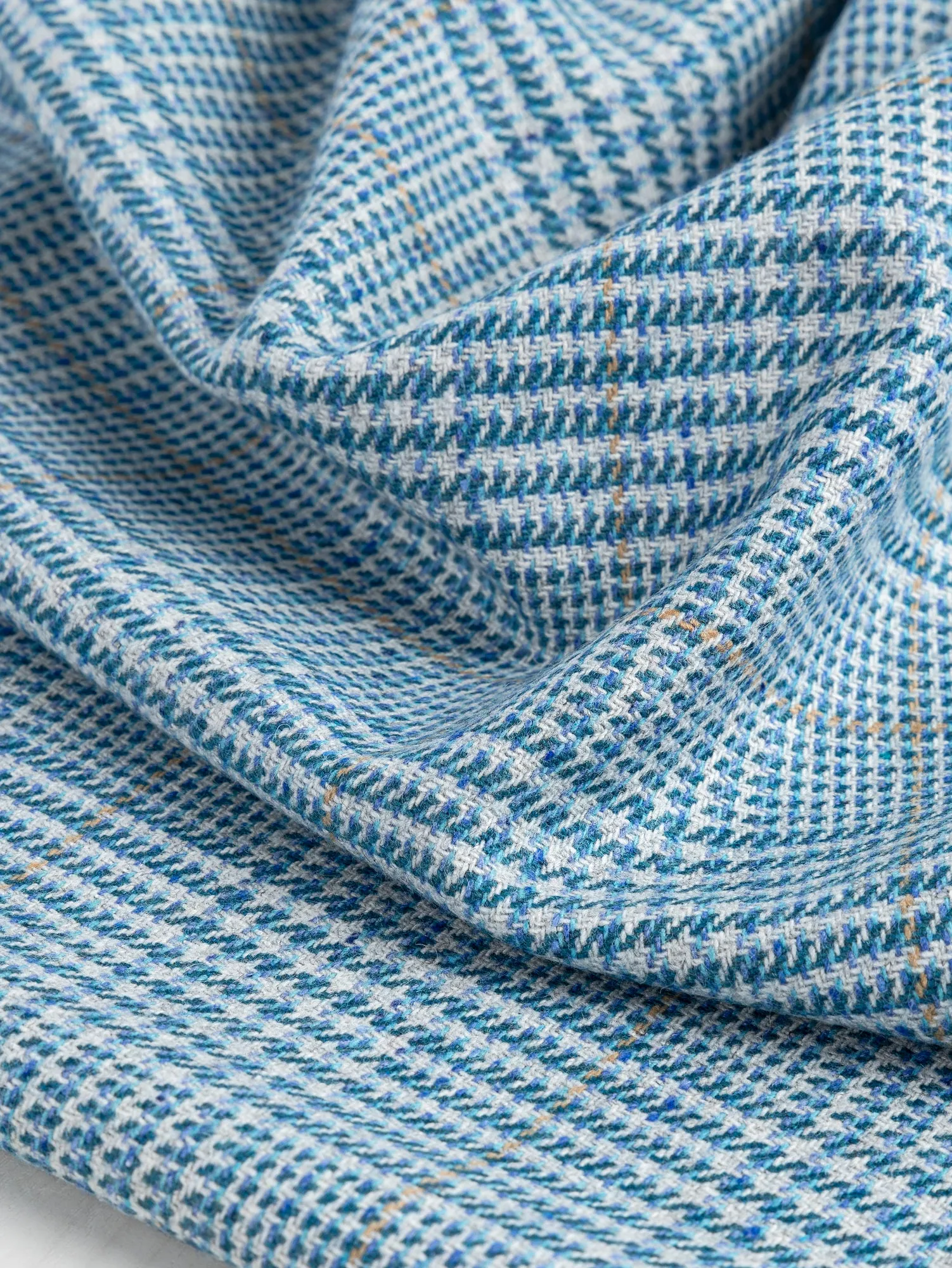 Glen Check Wool Viscose Blend Suiting Deadstock - Teal   Indigo   Cream   Orange - Swatch