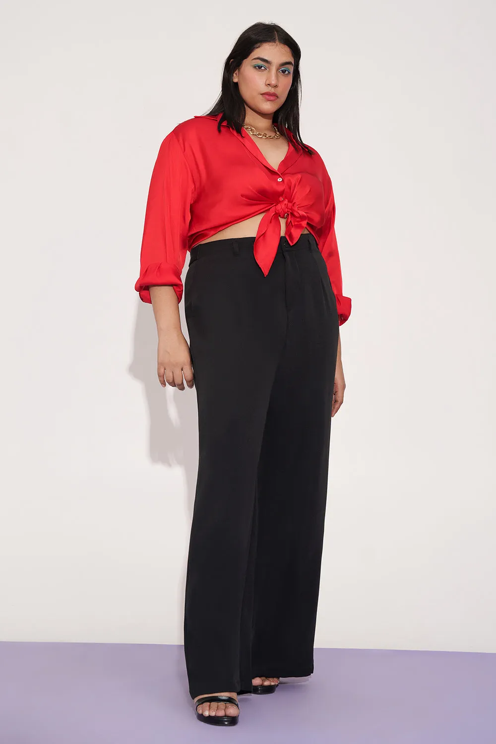 Glossy Black Curve Wide Leg Adjustable Korean Pants