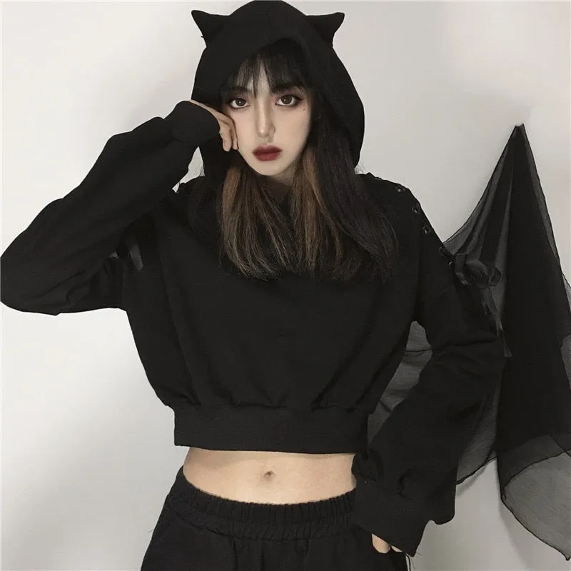 Harajuku Women Hoodies Black Gothic Hooded Bandage Long Sleeve Autumn Crop Top Sexy Club Pullover Streetwear Hoodies