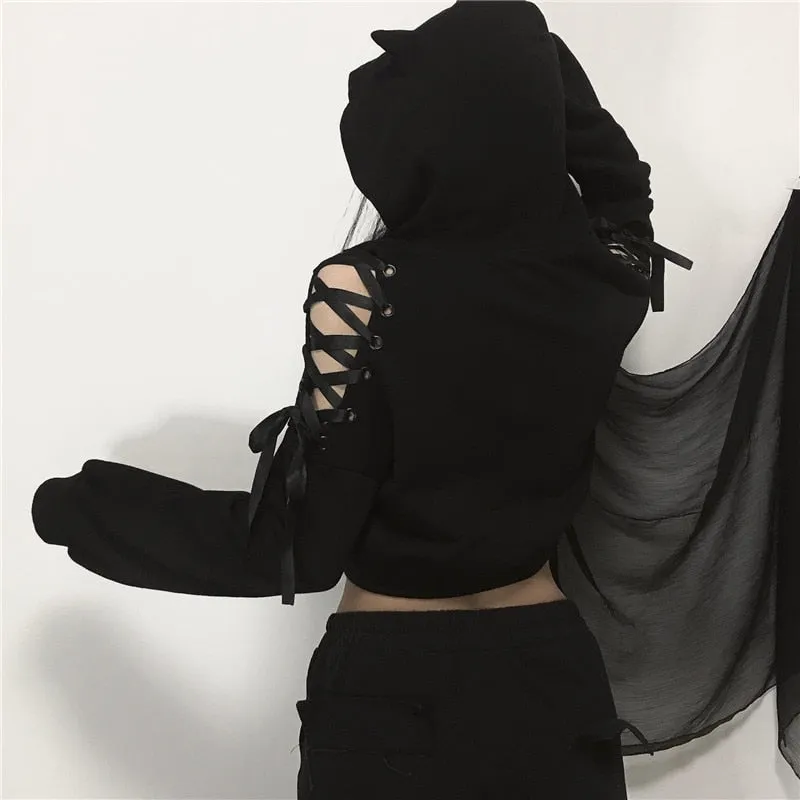 Harajuku Women Hoodies Black Gothic Hooded Bandage Long Sleeve Autumn Crop Top Sexy Club Pullover Streetwear Hoodies