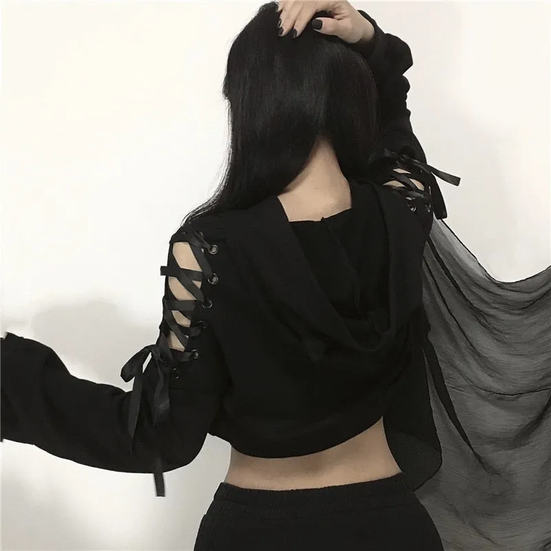 Harajuku Women Hoodies Black Gothic Hooded Bandage Long Sleeve Autumn Crop Top Sexy Club Pullover Streetwear Hoodies