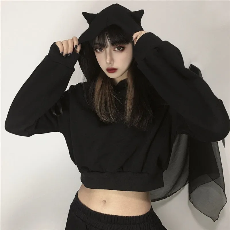 Harajuku Women Hoodies Black Gothic Hooded Bandage Long Sleeve Autumn Crop Top Sexy Club Pullover Streetwear Hoodies