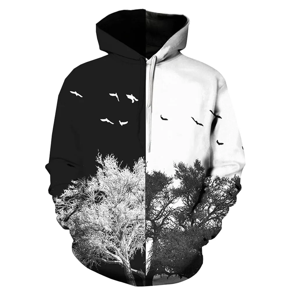 Hooded 3D Color Block Tree Print Pullover Hoodie 9451