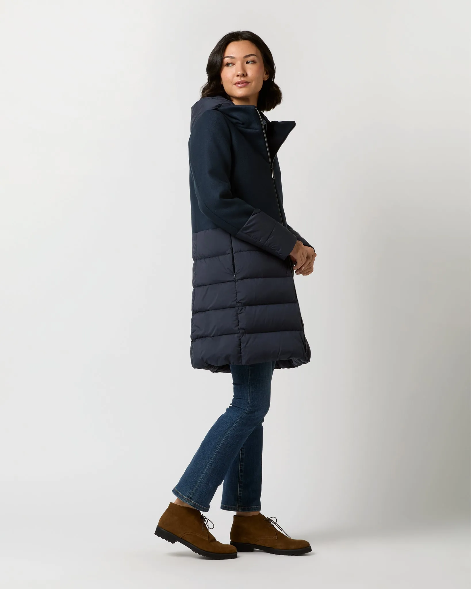 Mixed Media Quilted Coat in Navy