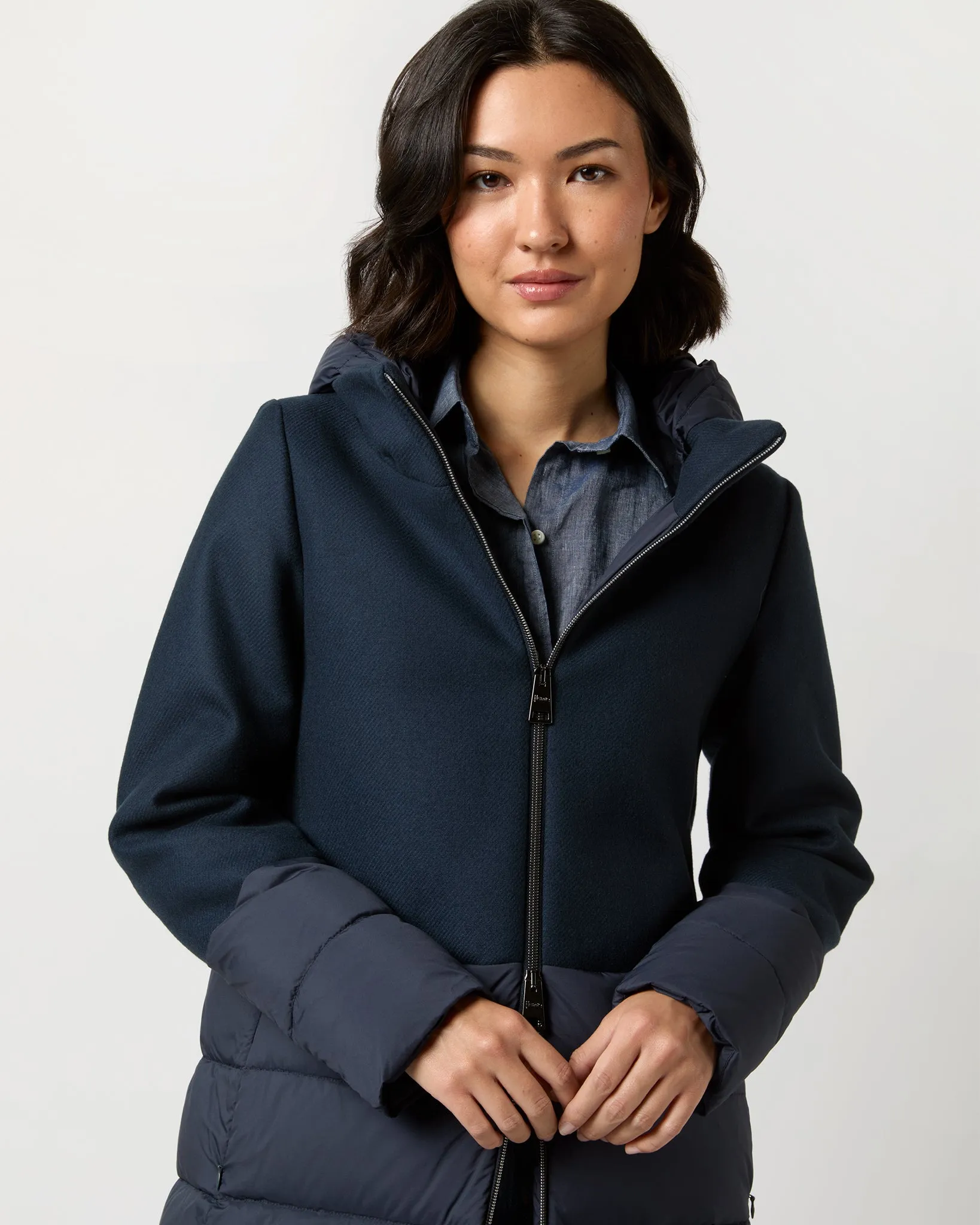 Mixed Media Quilted Coat in Navy