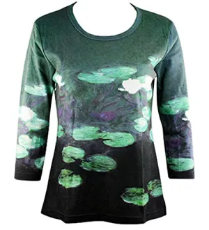 Monet Waterlilies in Pond, Scoop Neck 3/4 Sleeve Hand Silk-Screened Art Top