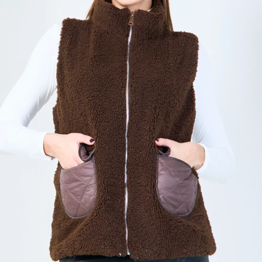 Sherpa zip-up vest with pocket detail wholesale