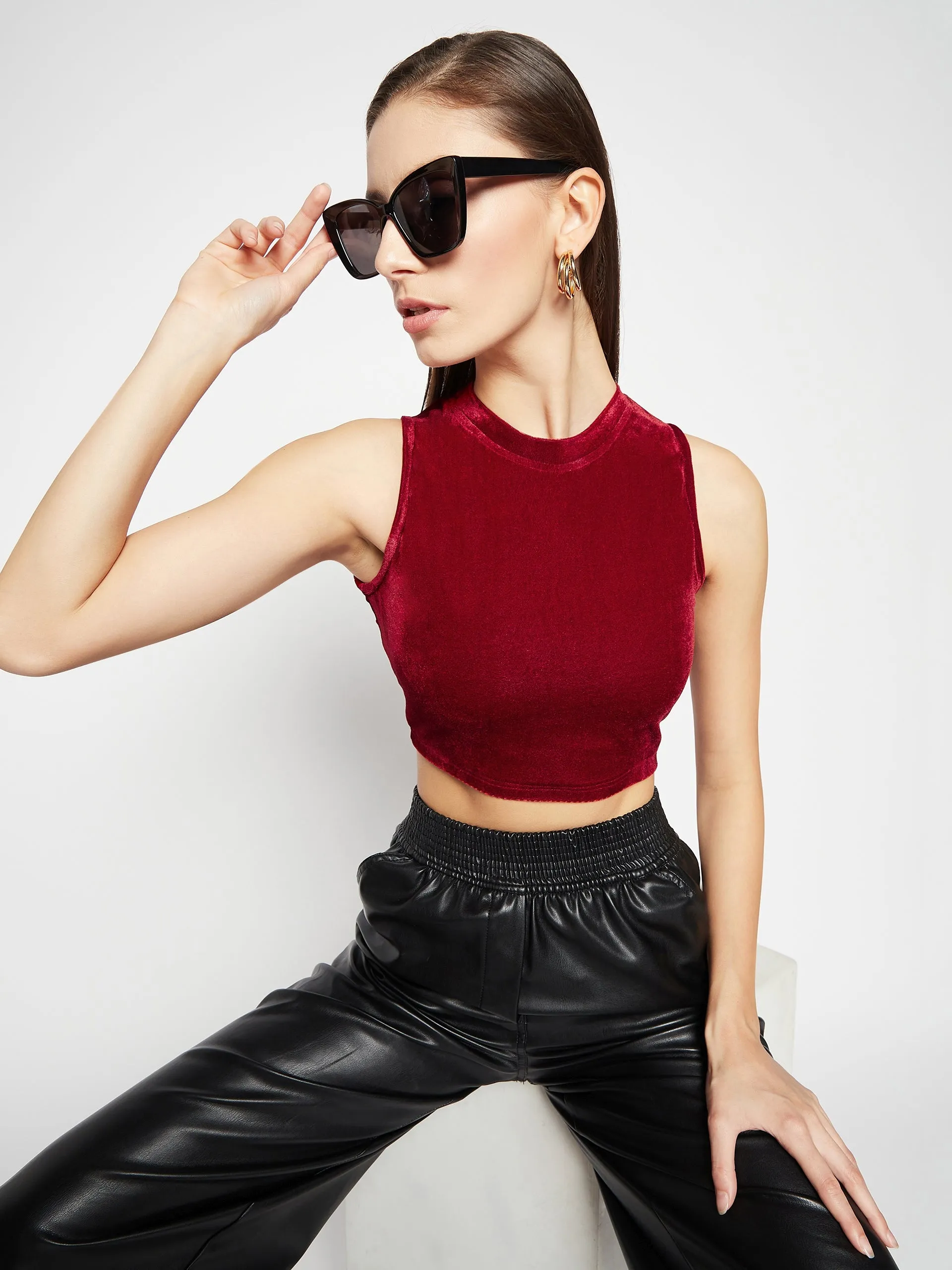 Stretchable Velvet High Neck Crop Top