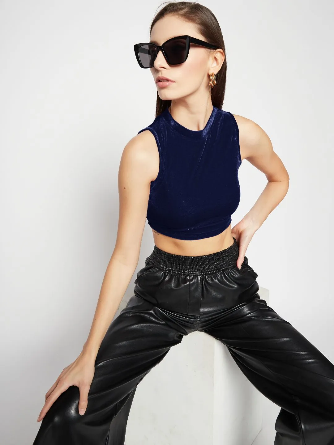 Stretchable Velvet High Neck Crop Top