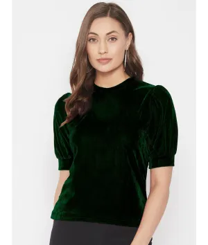 Stretchable Velvet High Neck Puff Sleeve Top