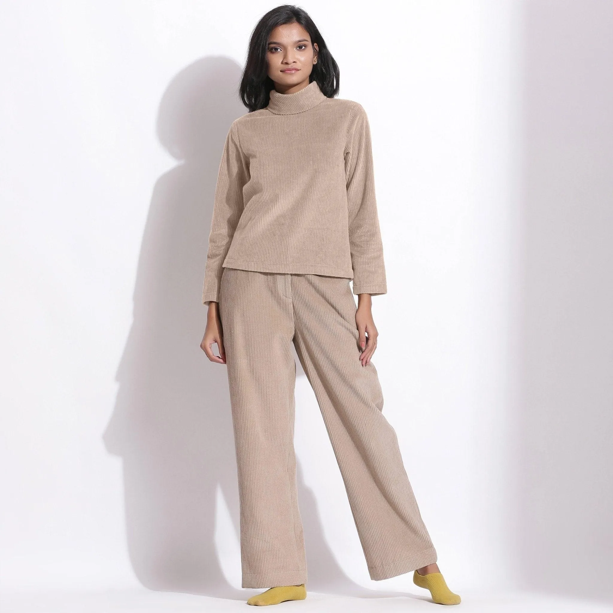 Taupe Beige Warm Cotton Corduroy Turtleneck Top