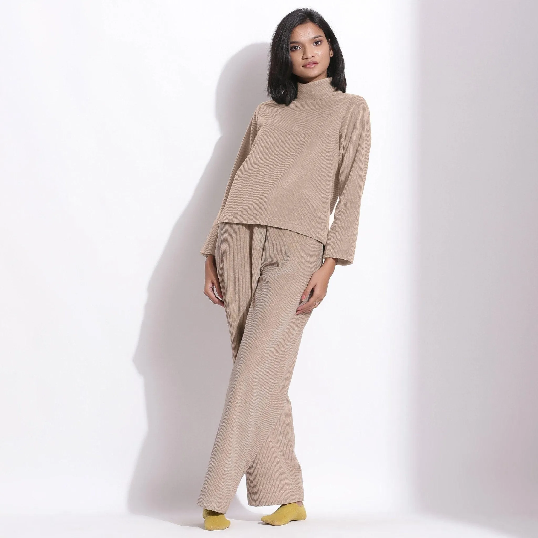 Taupe Beige Warm Cotton Corduroy Turtleneck Top