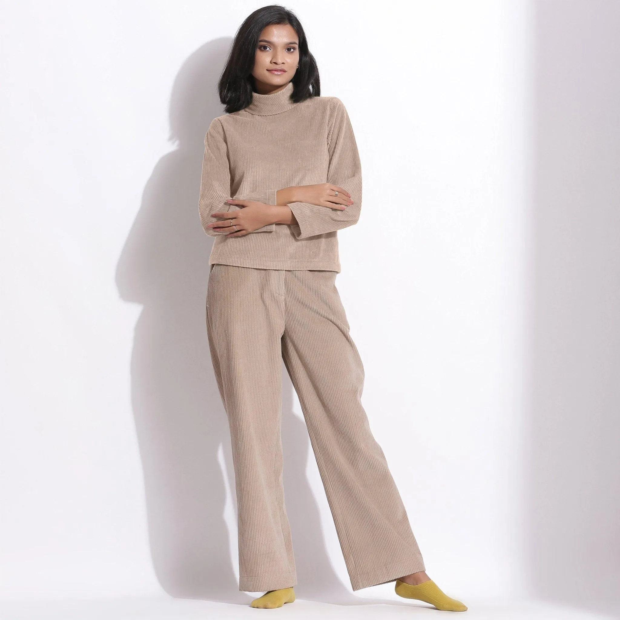 Taupe Beige Warm Cotton Corduroy Turtleneck Top