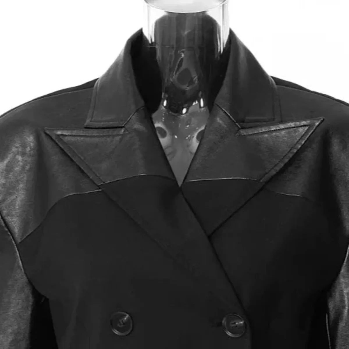 Trend4us Leather-Panel Double-Breasted Longline Coat