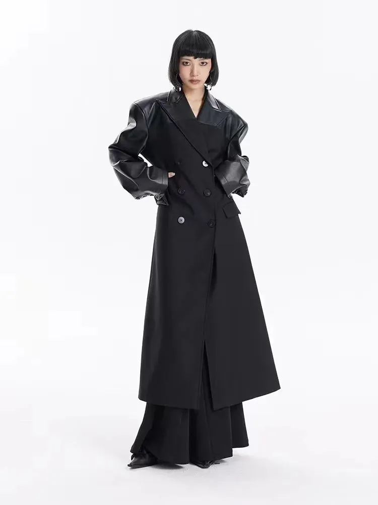 Trend4us Leather-Panel Double-Breasted Longline Coat