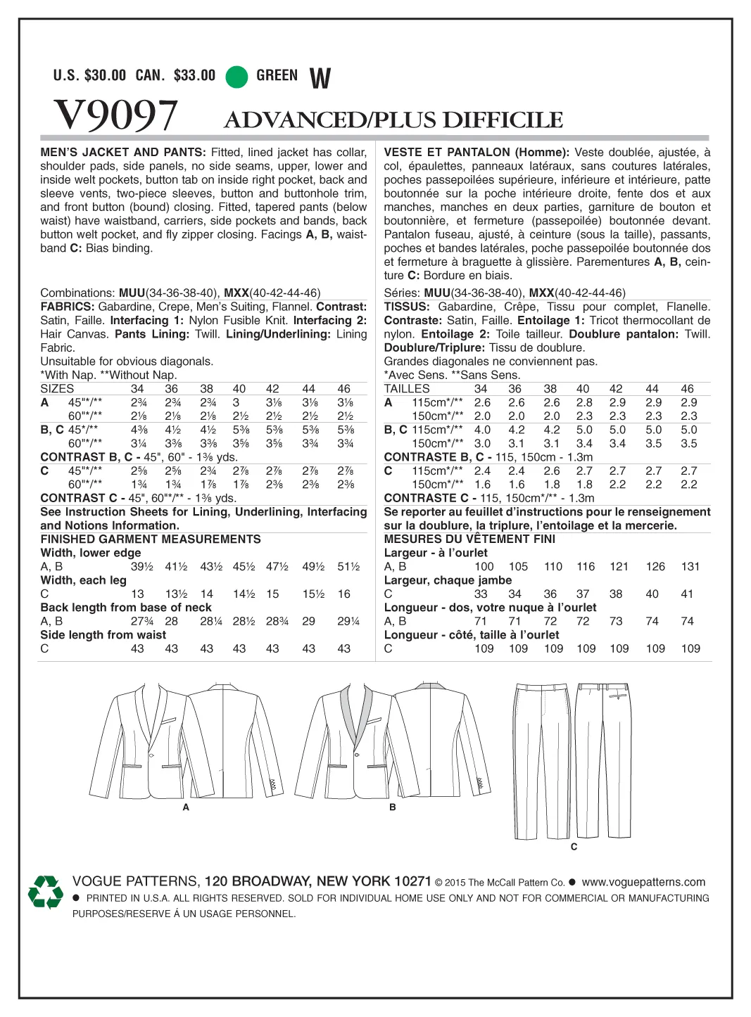 V9097 - Men's Jacket and Pants