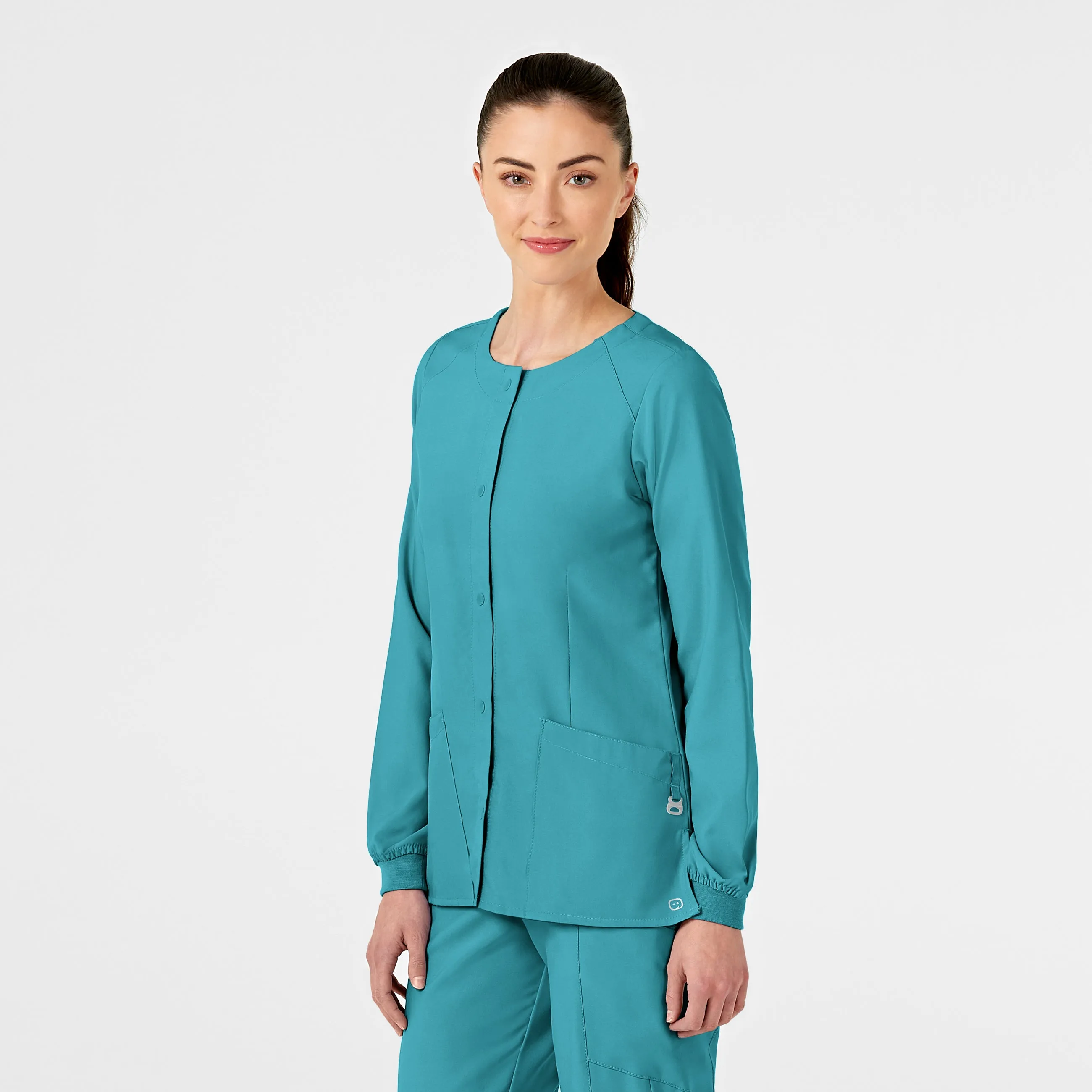 W123 Women's Crew Neck Warm Up Scrub Jacket - Teal Blue