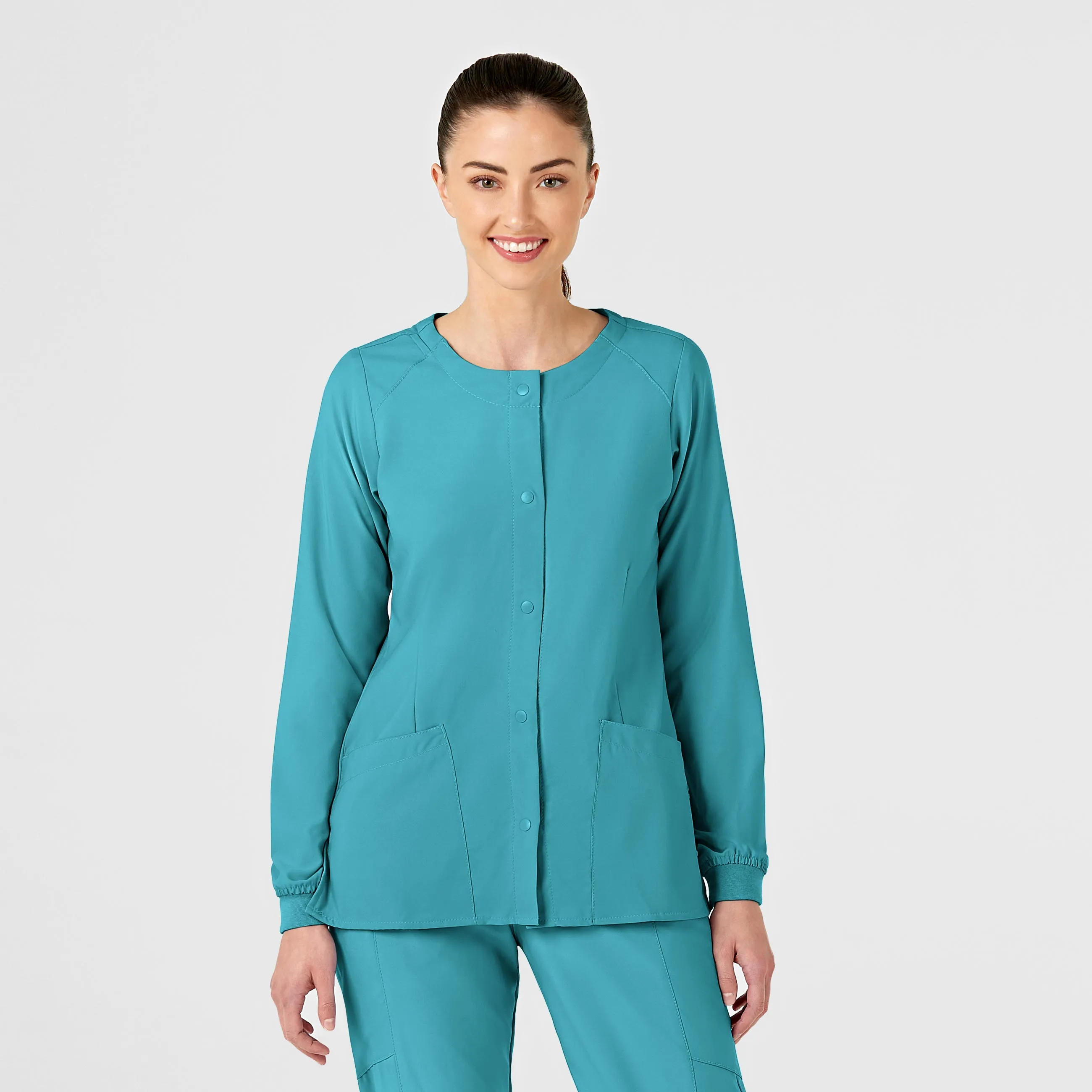 W123 Women's Crew Neck Warm Up Scrub Jacket - Teal Blue