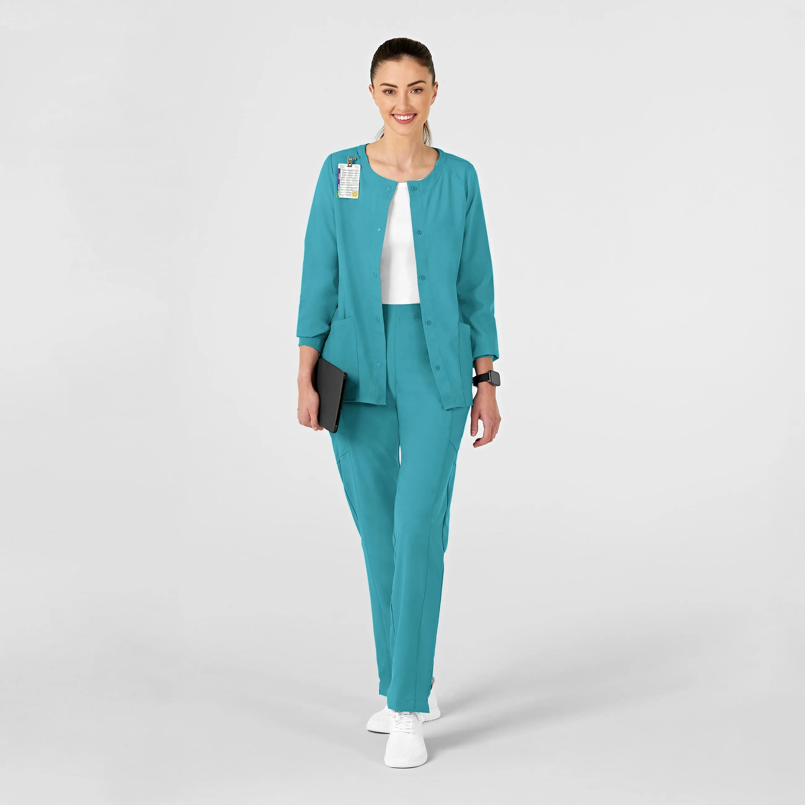 W123 Women's Crew Neck Warm Up Scrub Jacket - Teal Blue