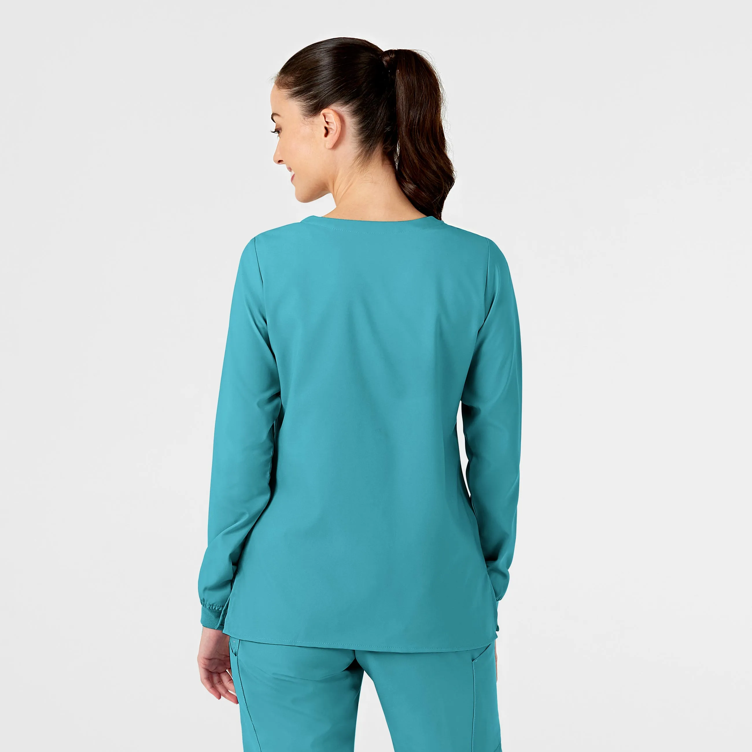 W123 Women's Crew Neck Warm Up Scrub Jacket - Teal Blue