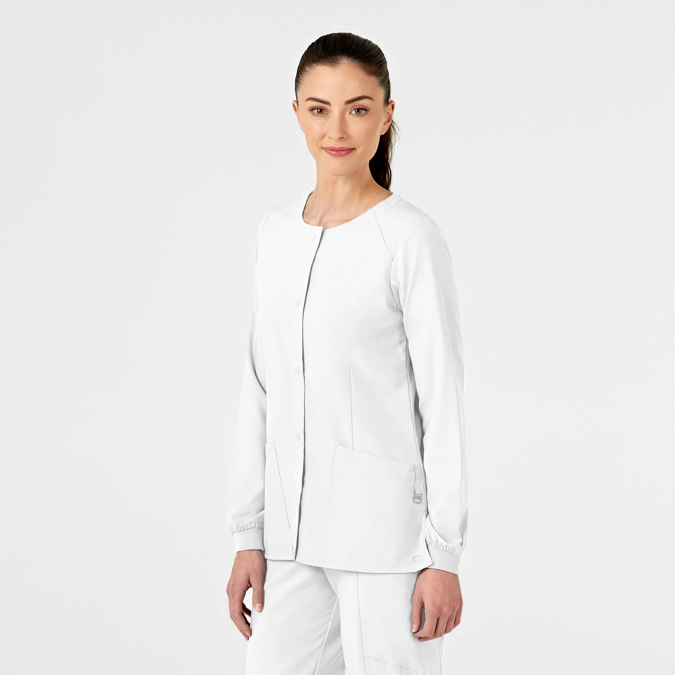 W123 Women's Crew Neck Warm Up Scrub Jacket - White