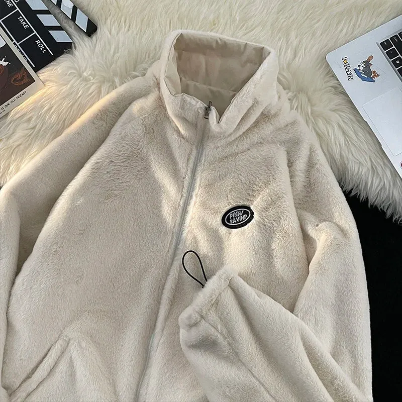 Wiaofellas - Men's Lamb Wool Cotton Tops Women Winter Velvet Thickened Warm Coat Loose Jackets Zipper Stand Collar Casual Pockets Parkas