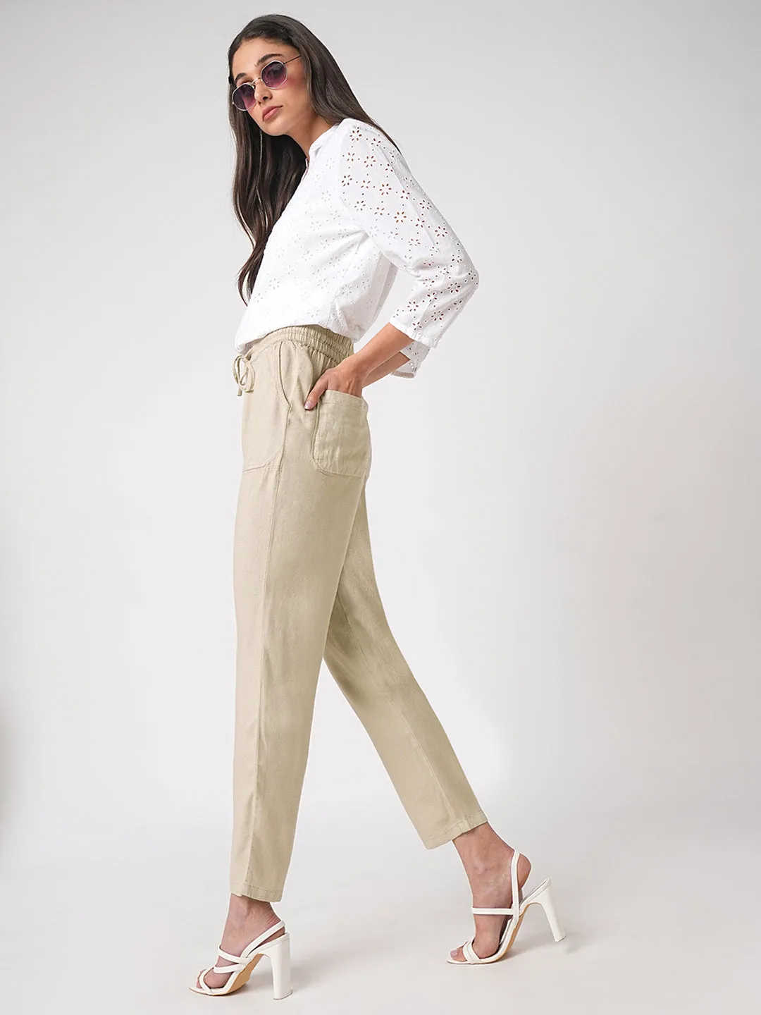 Women Oatmilk High-Rise Paper Bag Pants