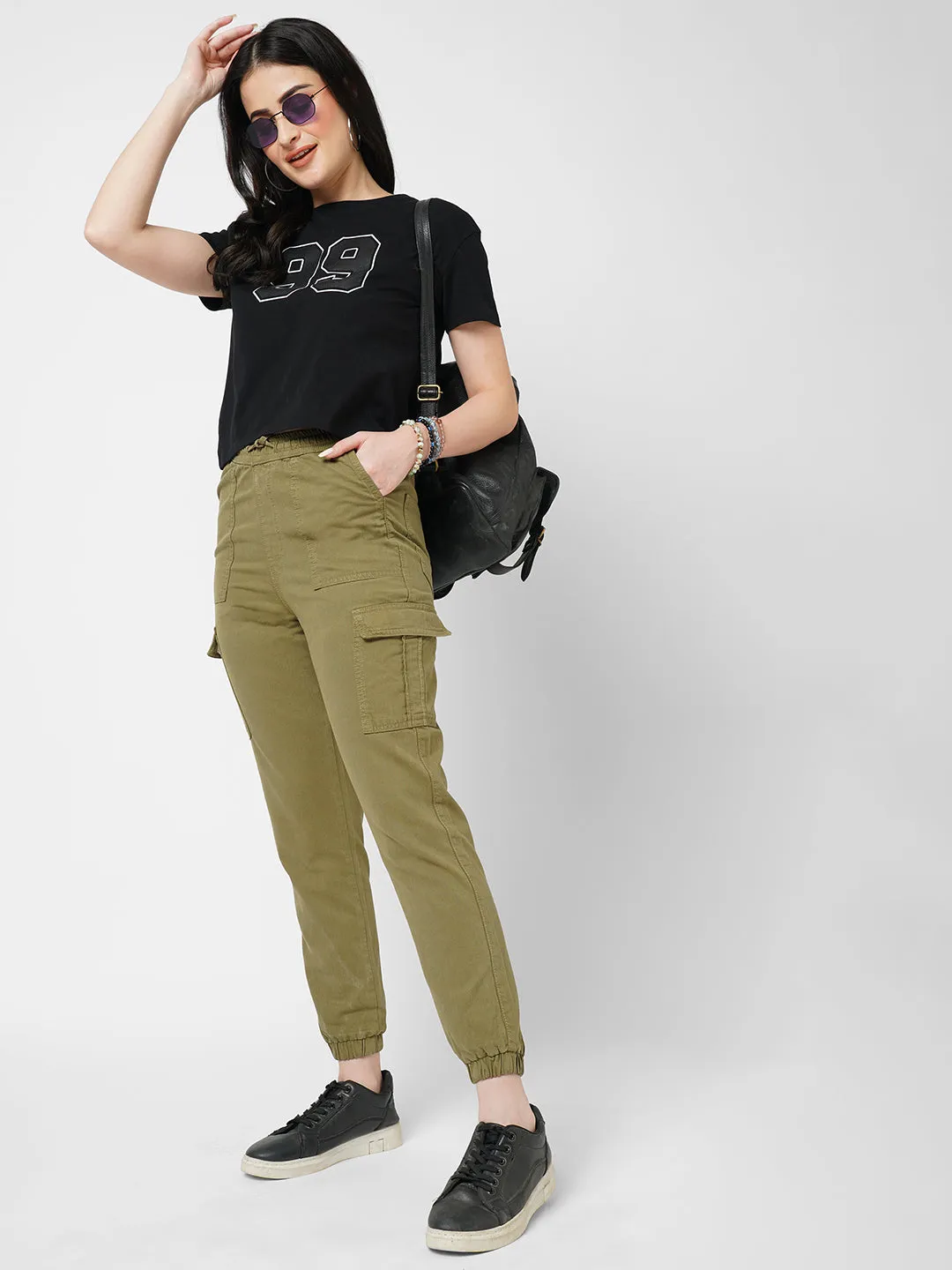 Women Olive High Rise Paper Bag Pants