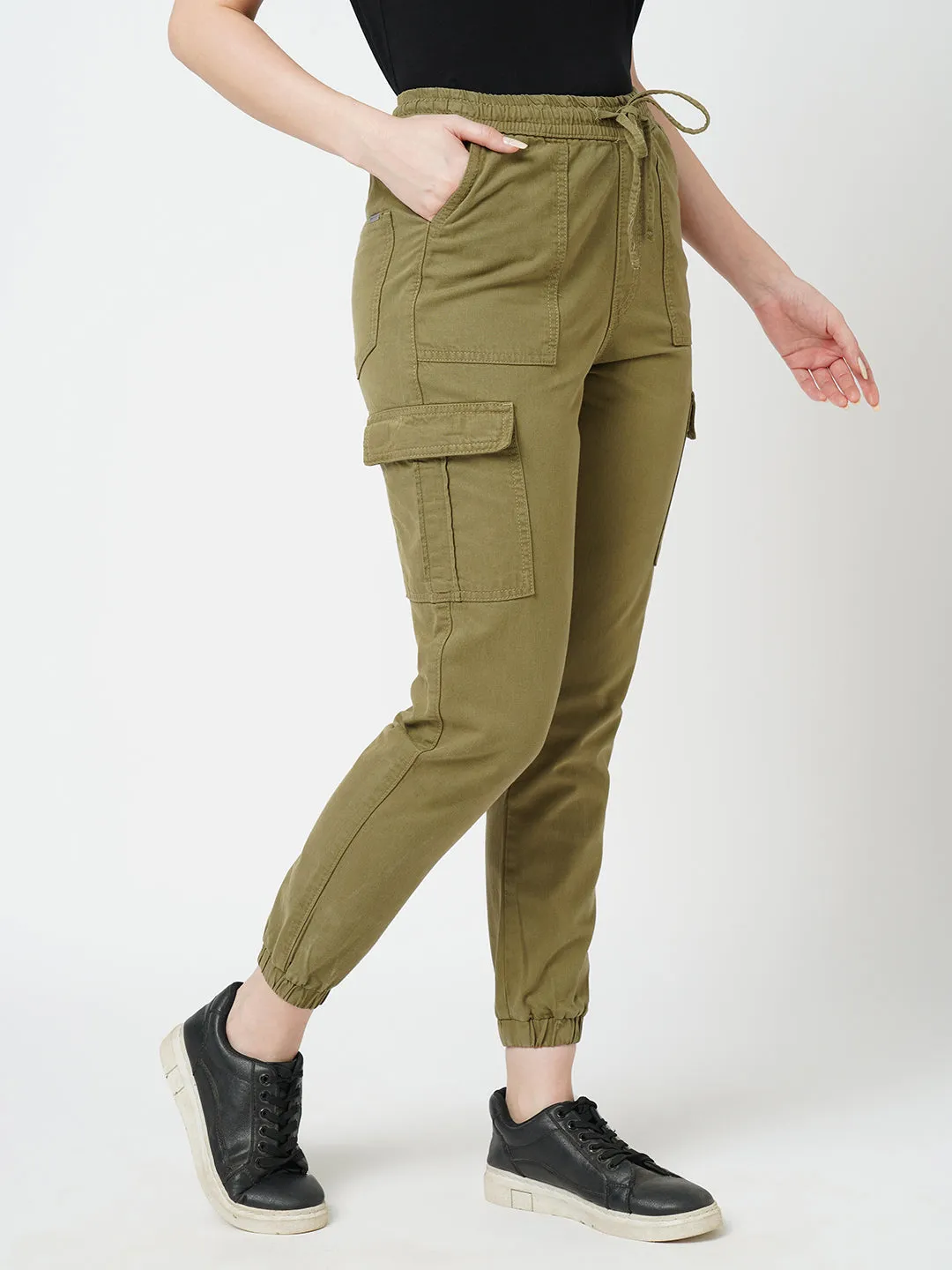 Women Olive High Rise Paper Bag Pants