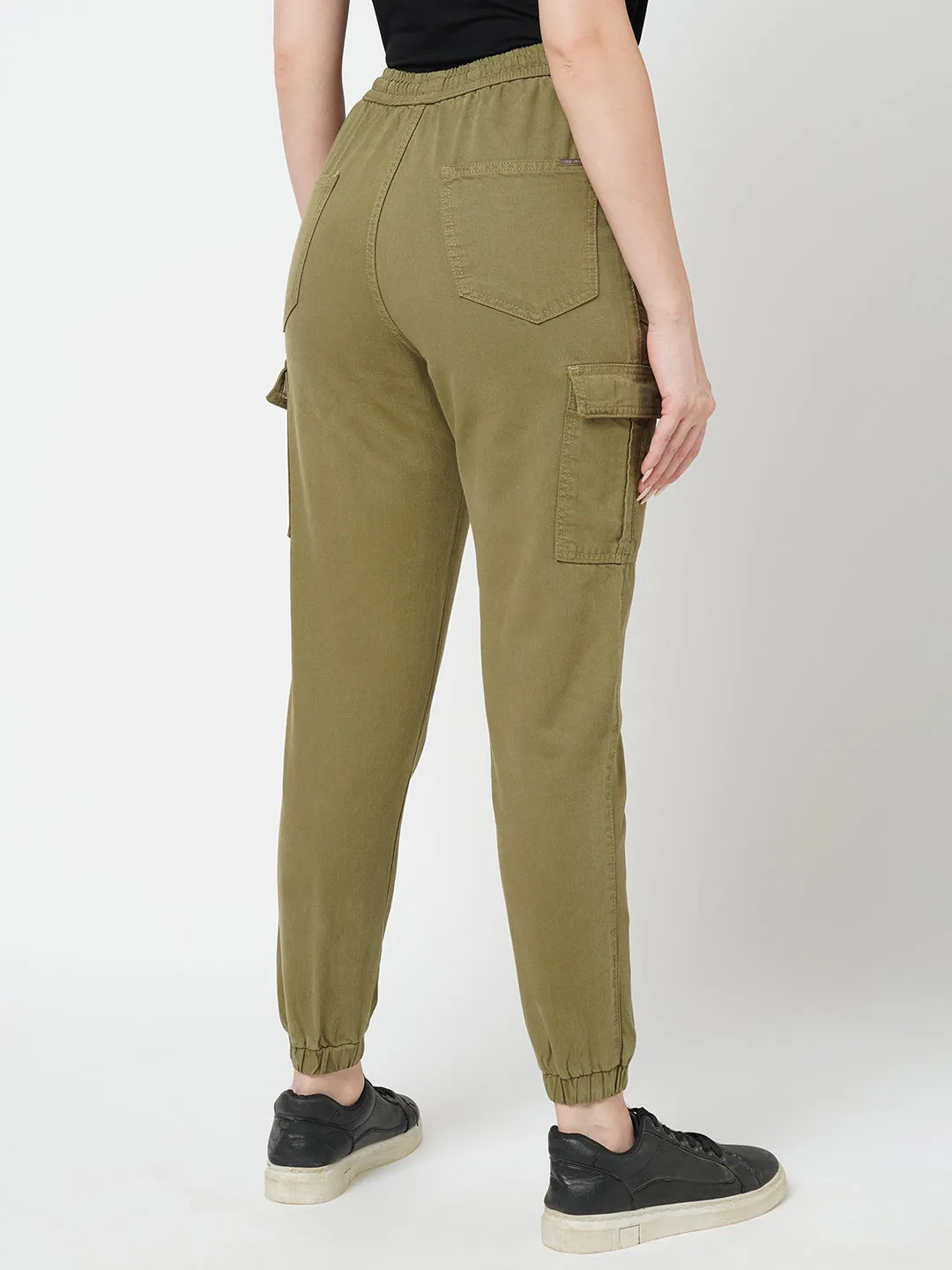 Women Olive High Rise Paper Bag Pants