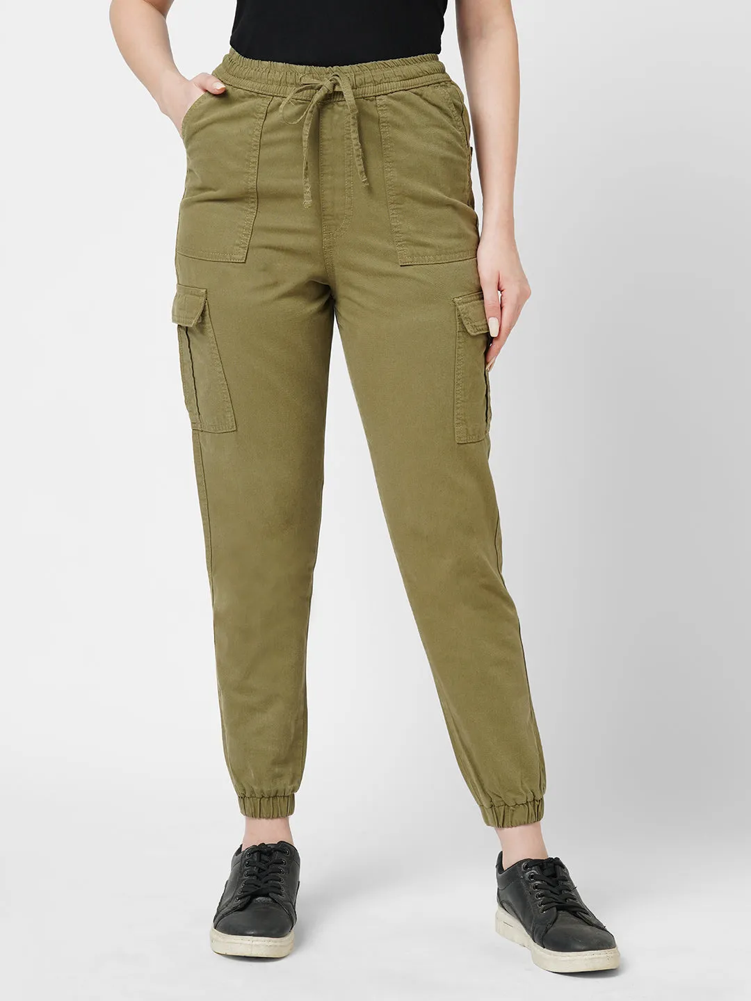 Women Olive High Rise Paper Bag Pants